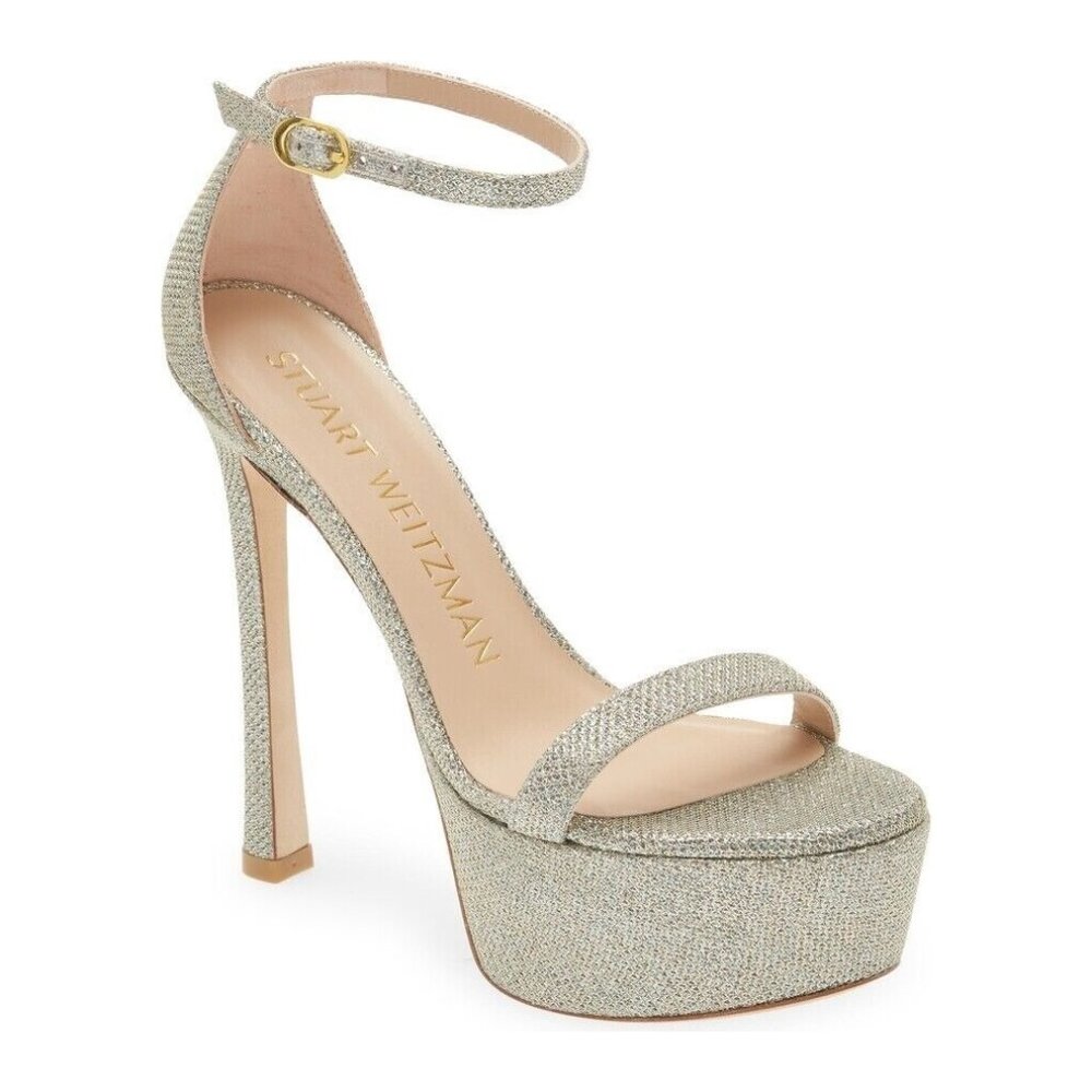 $575 Stuart Weitzman Nudist Hollywood Platform Sandal PLATINO 7 (PB17)